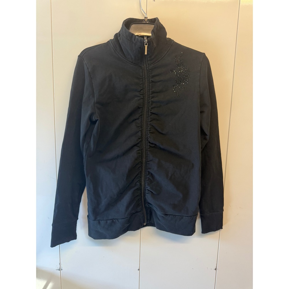 s.Oliver Womens Black Full Zip Ruched Rhinestone Sweatshirt Jacket Size 10